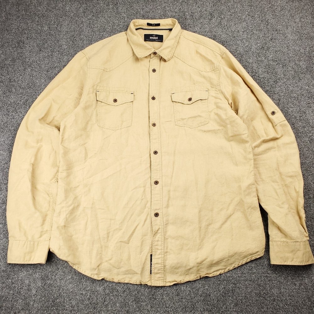 Mavi Linen Shirt Mens XL Slim Fit Roll Tab Beige Tan Western Button Up